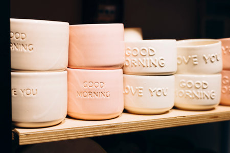 Ceramic mugs with Good Morning text on shelf in tableware store.の写真素材