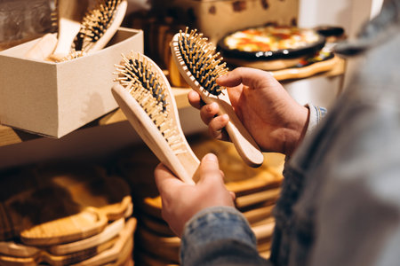 Man choosing wooden comb in natural handmade wooden products store.の写真素材