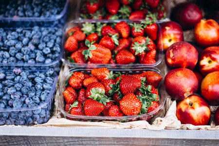 Fresh strawberries, nectarines, and blueberries at an outdoor summer market.の写真素材