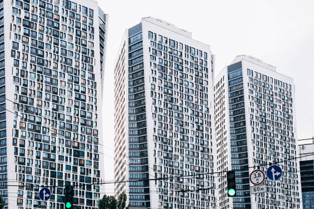 Group of glass office or residential buildings in city, development real estate.の写真素材