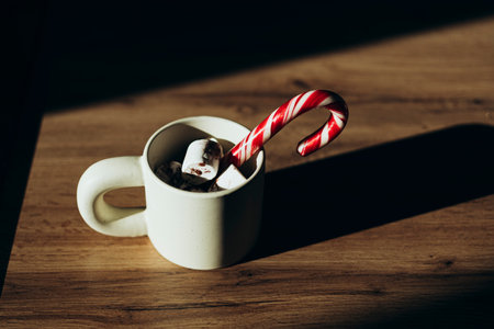 Cup of aromatic hot chocolate with marshmallows and cocoa powder on table.の写真素材