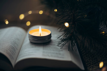 Open Bible book and burning candle on a dark background with lights.の写真素材