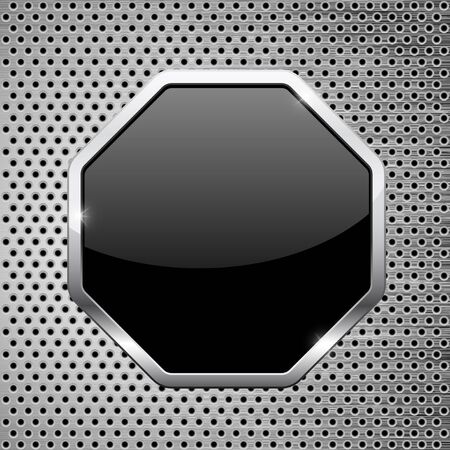 Black button. Octagon icon with chrome frame on metal perforated backgroundのイラスト素材