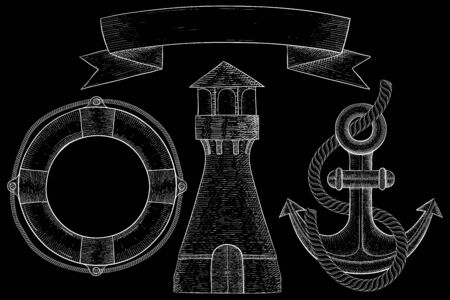 Nautical symbols. Hand drawn sketch on black backgroundのイラスト素材