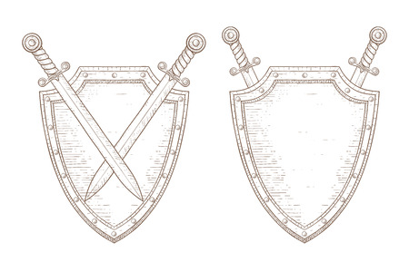 Shield with swords hand drawn sketch.のイラスト素材