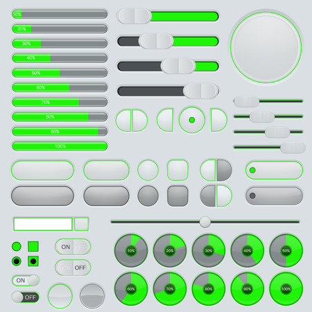 Set of user interface buttons and elements - progressive bar, slider, toggle switch. Gray and green collectionのイラスト素材