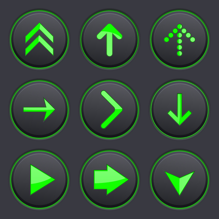 Set of black buttons. Round plastic matted buttons with green arrow symbolsのイラスト素材