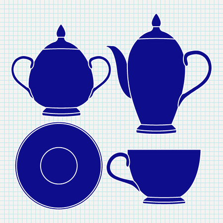 Tea set. Tableware blue iconsのイラスト素材