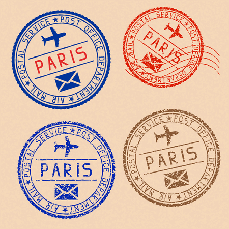 Collection of PARIS postal stamps partially faded on beige paper backgroundのイラスト素材