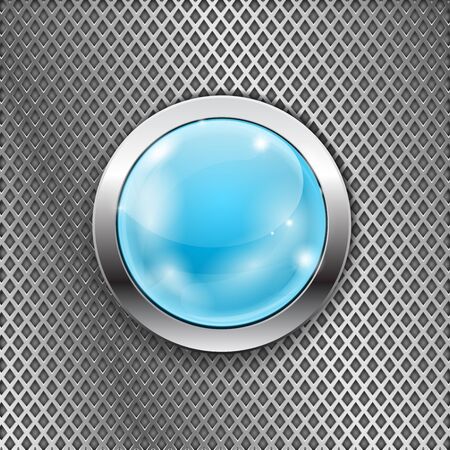 Blue round glass button with metal frame on steel perforated background. Diamond shape holesのイラスト素材