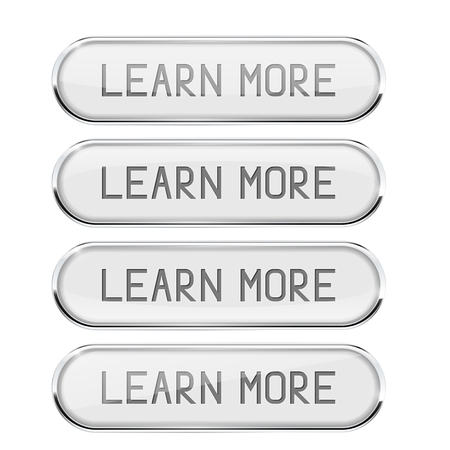 LEARN MORE white oval buttons. Set of glass icons with chrome frame and reflectionのイラスト素材