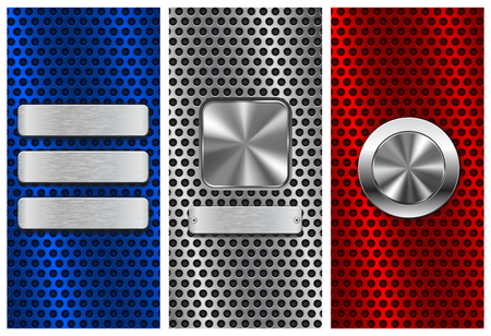 Collection of perforated backgrounds, Blue, red and silver with metal buttonsのイラスト素材