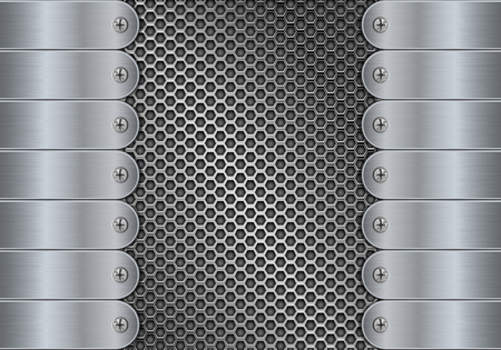 Metal perforated background with side plates and rivets. Vector 3d illustrationのイラスト素材