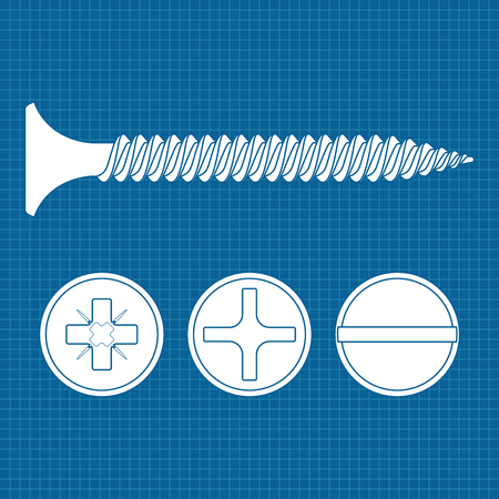 Wood screw. White outline icon. Phillips, frearson and slotted flat headsのイラスト素材