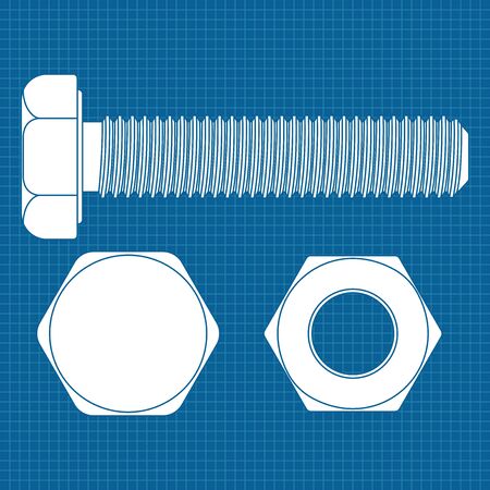 Bolt screw icon. White outline drawing on blueprint backgroundのイラスト素材