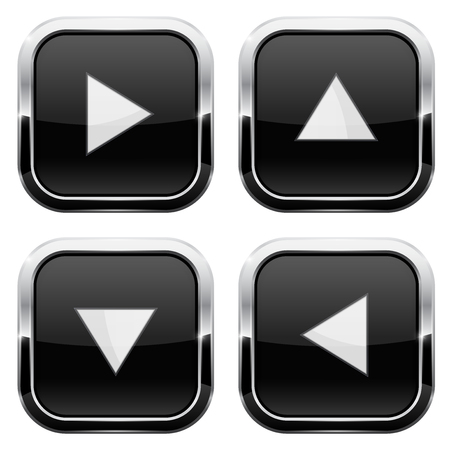Black glass buttons with arrows. Square 3d icons with chrome frameのイラスト素材