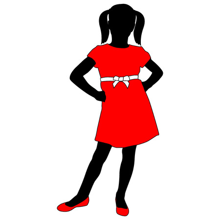 Toddler girl in red dress posing. Silhouetteのイラスト素材