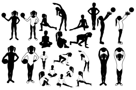 Toddler girl silhouettes. Sports posturesのイラスト素材