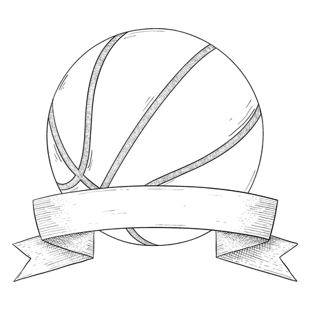 Basketball ball with ribbon banner. Hand drawn sketchのイラスト素材