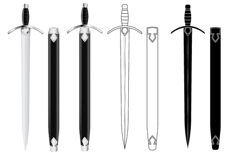 Sword with scabbard. Flat outline icon, silhouette and 3d illustrationのイラスト素材