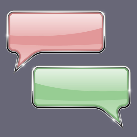Speech bubbles. Pink and green 3d icons with chrome frameのイラスト素材