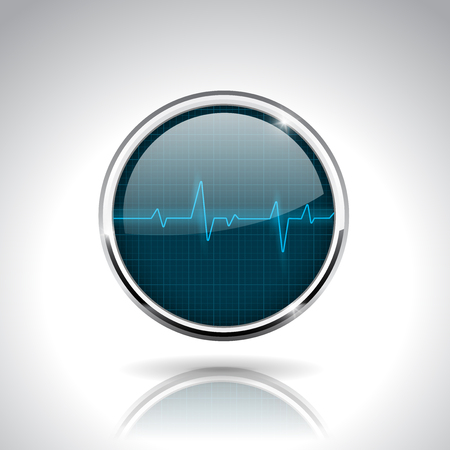 Electrocardiogram sign. Dark blue round 3d icon with chrome frameのイラスト素材
