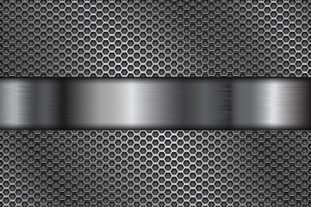 Metal perforated background with shiny steel stripe. Vector 3d illustrationのイラスト素材