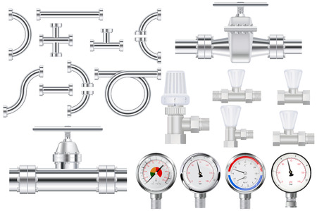 Metal pipes, chrome pipe flange,  Water valve. Manometer.のイラスト素材