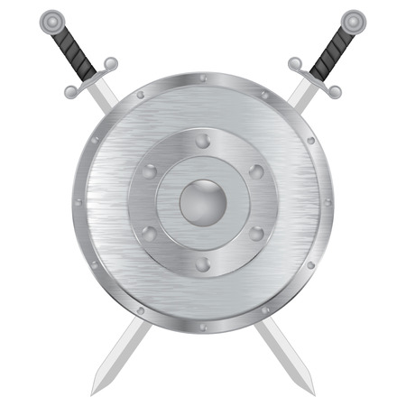 Swords and shield. Metal brushed medieval shield.のイラスト素材