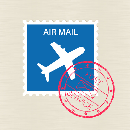Air mail blue stamp with plane symbol and red stamping on itのイラスト素材