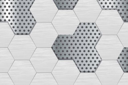 Metal perforated background with steel hexagons. Vector 3d illustrationのイラスト素材