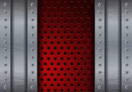 Metal brushed background with red perforated plate. Vector illustrationのイラスト素材