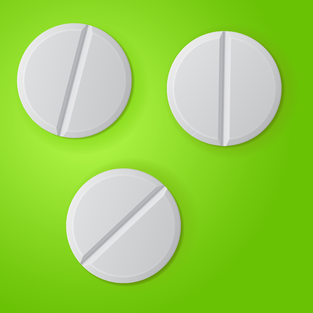 Pills. White round tablets on green backgroundのイラスト素材