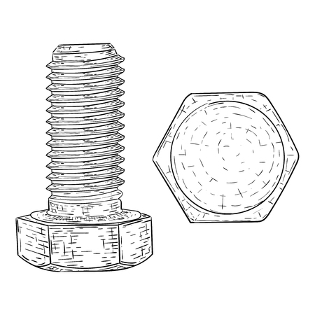 Metal bolt with hex head drive. Hand drawn sketch. Vector illustration isolated on white background.のイラスト素材