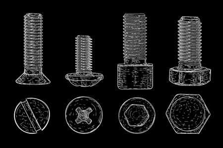 Metal bolts and screws. Hand drawn sketch on black background. Vector illustration.のイラスト素材