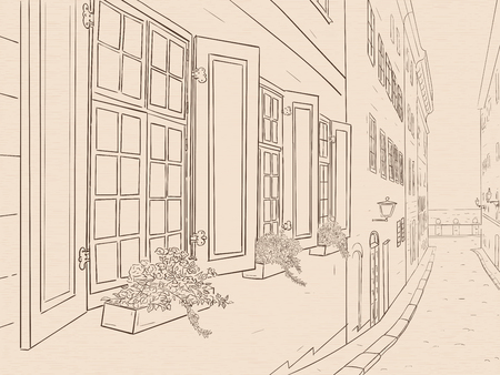 Narrow city street with flowers in window boxes. Hand drawn sketch. Vector illustration.のイラスト素材