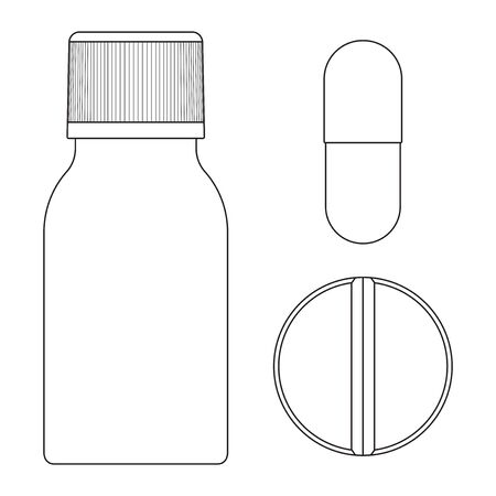 Medical bottle and pills. Outline illustration. Vector isolated on white backgroundのイラスト素材