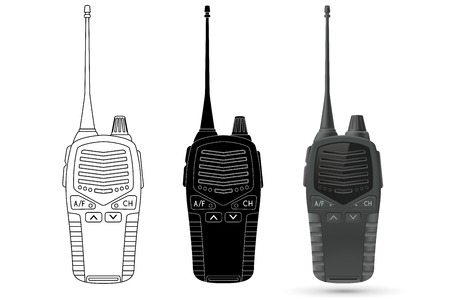 Radio transceiver with antenna. Vector 3d illustration, outline and black icons isolated on white backgroundのイラスト素材
