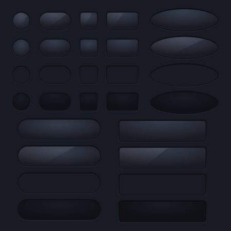 Collection of black buttons. Round, square and oval icons on plastic background. Vector 3d illustrationのイラスト素材