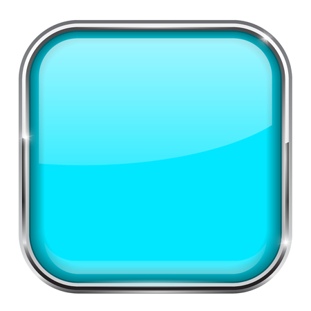 Blue square button. Shiny 3d icon with metal frame. Vector illustration isolated on white backgroundのイラスト素材