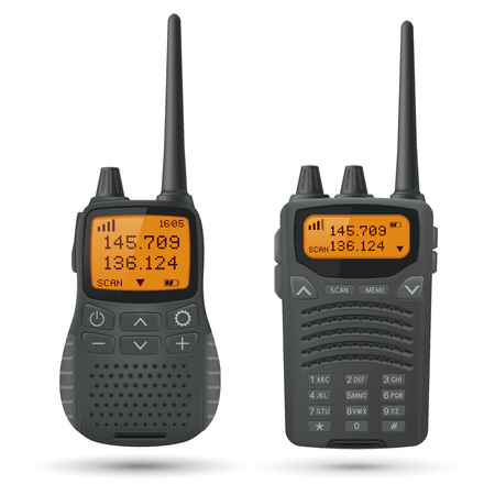 Radio transceivers. Black rectangle portable devices with yellow screen and antenna. Vector 3d illustration isolated on white backgroundのイラスト素材