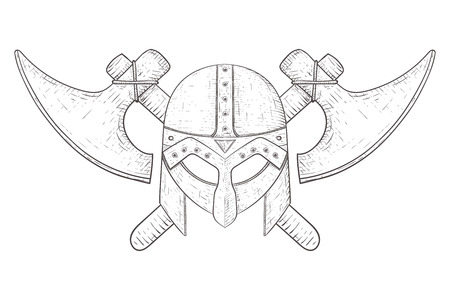 Viking helmet and axes. Hand drawn sketch. Vector illustration isolated on white backgroundのイラスト素材