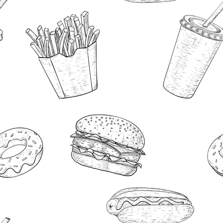Fast food seamless pattern. Hand drawn sketchのイラスト素材