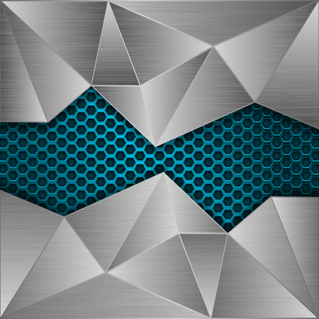 Blue metal perforated background with brushed metal polygonal elementsのイラスト素材