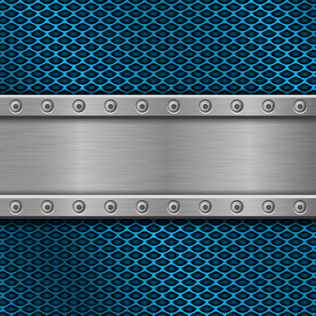 Metal rivetted plate on blue perforated backgroundのイラスト素材