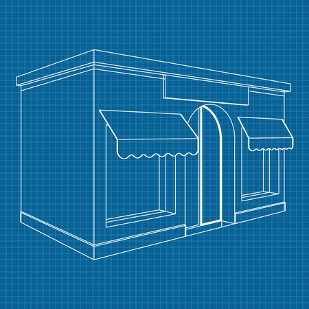 Store front. White outline drawing on blueprint backgroundのイラスト素材