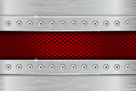 Metal texture with brushed iron plate with rivets and red perforationのイラスト素材