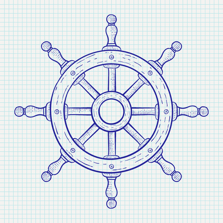 Steering wheel. Blue outline drawing on notebook sheet backgroundのイラスト素材