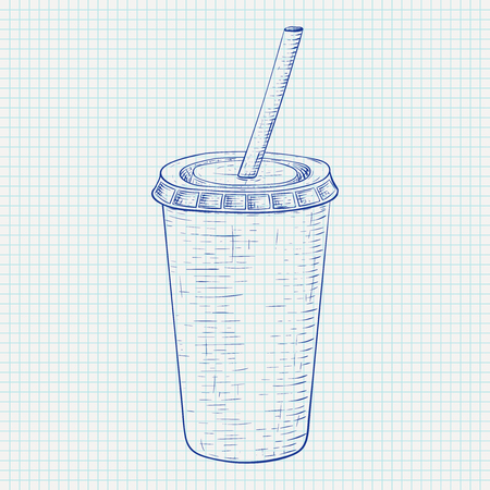 Disposable cup with drinking straw. Blue hand drawn sketch on lined paperのイラスト素材