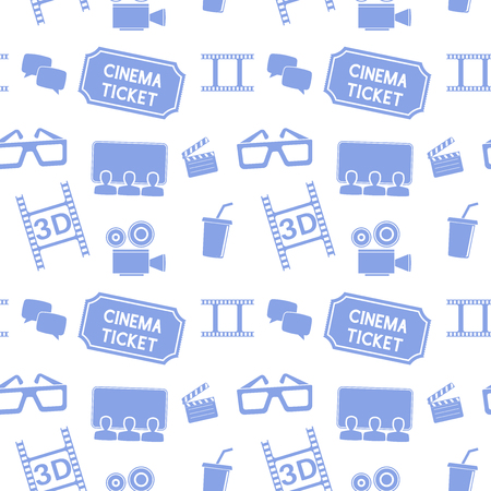 Cinema seamless background. Movie theater symbols, blue on white backgroundのイラスト素材